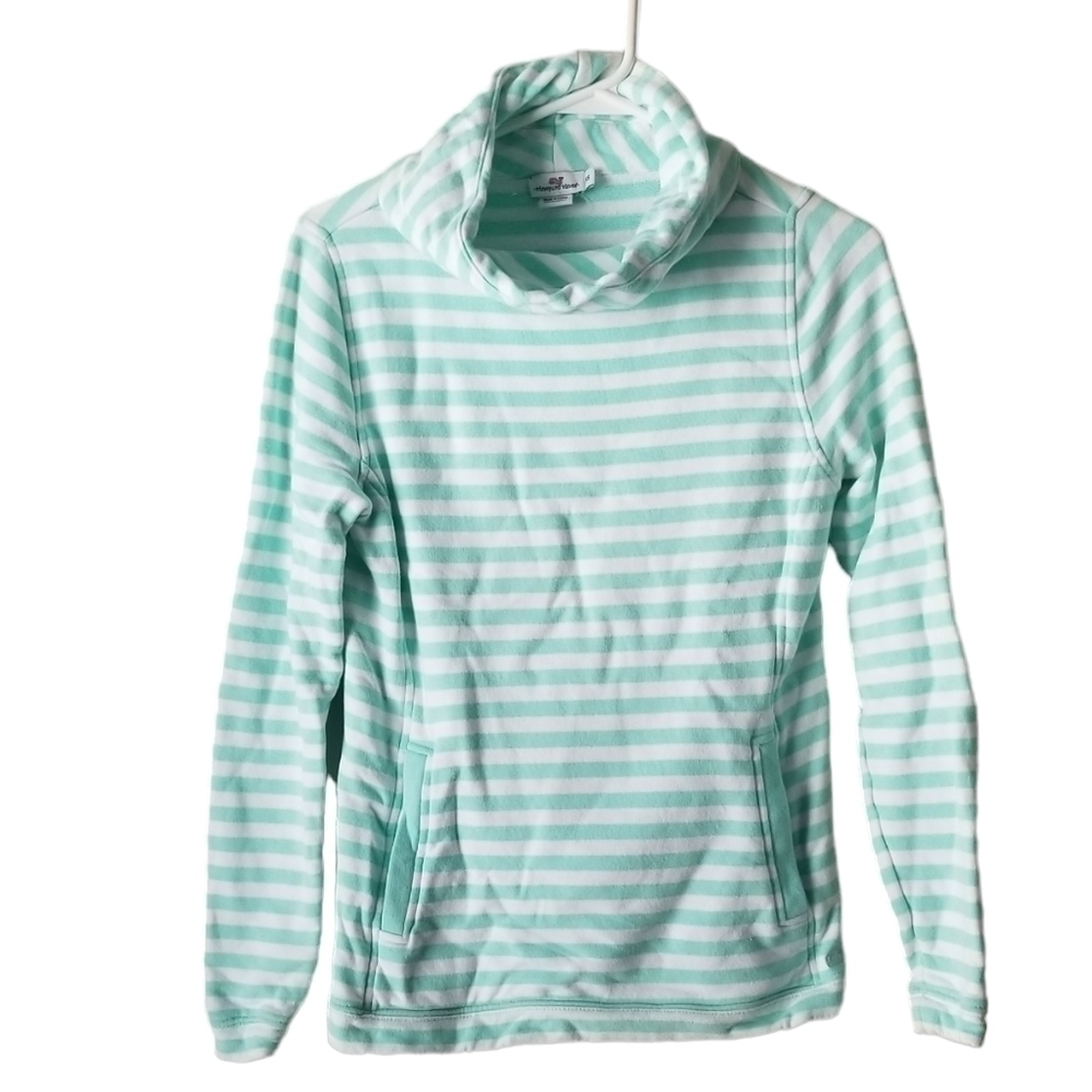 Vineyard Vines Striped Knit Pullover White/Aqua Cowlneck, Kangaroo Pockets XS